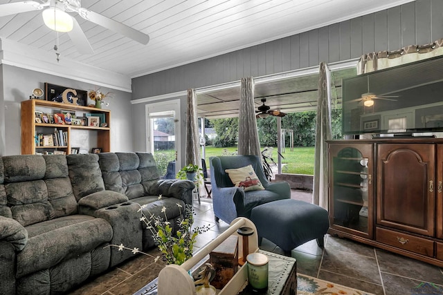 living room with wood ceiling