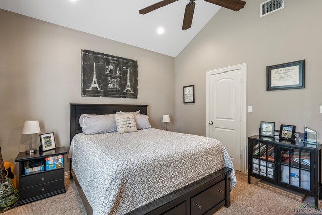15579 County Road 1104, Flint, TX 75762 - bedroom with carpet floors, high vaulted ceiling, ceiling fan, and recessed lighting