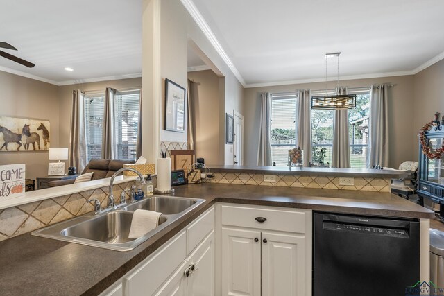 15579 County Road 1104, Flint, TX 75762 - kitchen with dishwasher, dark countertops, a sink, white cabinetry, and ornamental molding