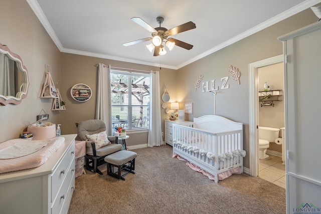 15579 County Road 1104, Flint, TX 75762 - bedroom with a nursery area, light colored carpet, crown molding, baseboards, and connected bathroom