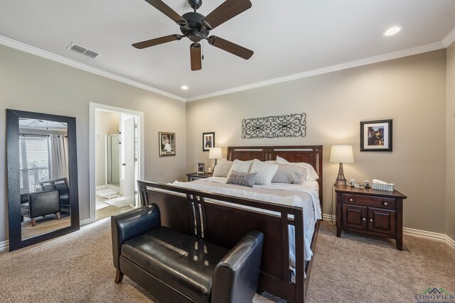 15579 County Road 1104, Flint, TX 75762 - carpeted bedroom with crown molding, baseboards, recessed lighting, a ceiling fan, and connected bathroom