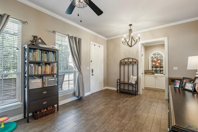15579 County Road 1104, Flint, TX 75762 - foyer entrance featuring ceiling fan, crown molding, wood finished floors, healthy amount of natural light, and a chandelier
