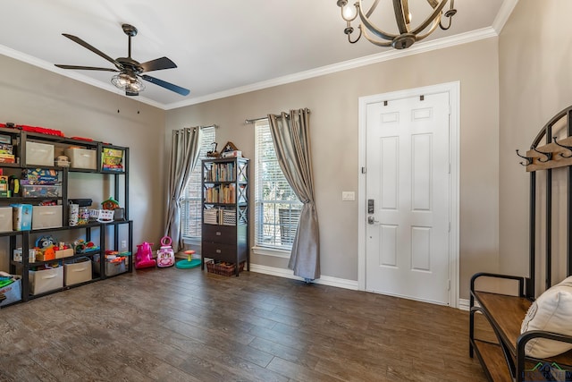 15579 County Road 1104, Flint, TX 75762 - foyer entrance with wood finished floors, a ceiling fan, crown molding, a chandelier, and baseboards