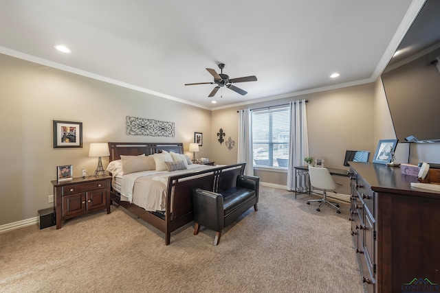 15579 County Road 1104, Flint, TX 75762 - bedroom with light carpet, a desk, baseboards, recessed lighting, and ornamental molding