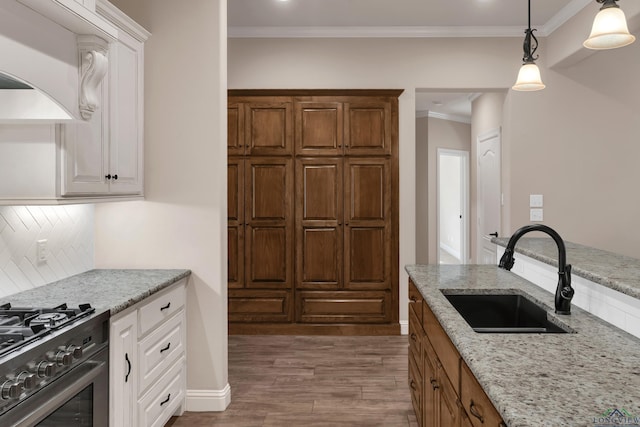 kitchen with backsplash, light stone counters, sink, and high end stainless steel range