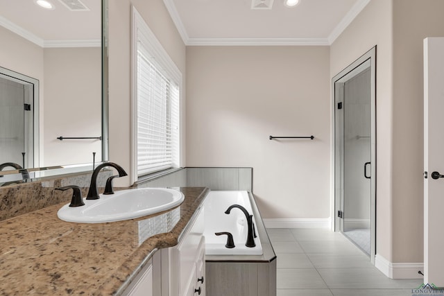 bathroom with tile patterned floors, a wealth of natural light, and crown molding