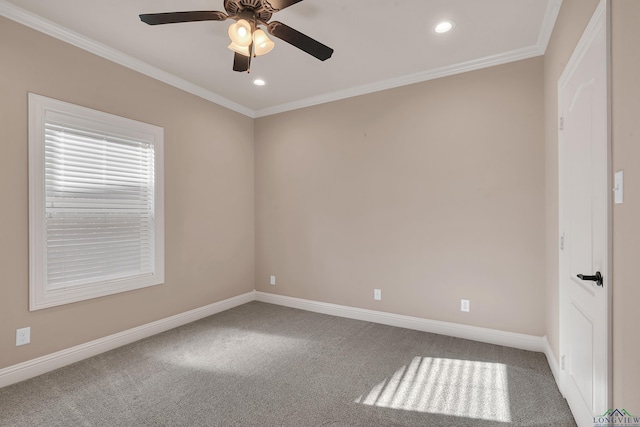 empty room featuring carpet flooring, ceiling fan, and ornamental molding