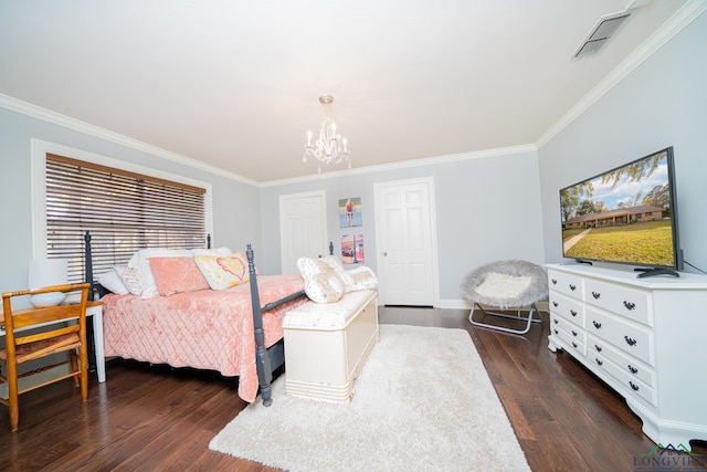 bedroom with a chandelier, dark wood-type flooring, and ornamental molding