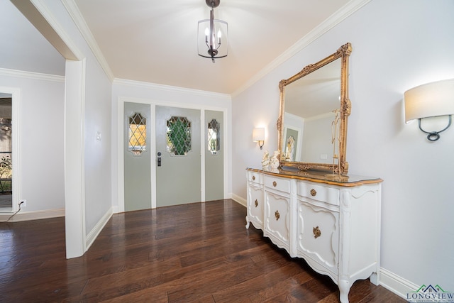 foyer with dark wood-type flooring and ornamental molding