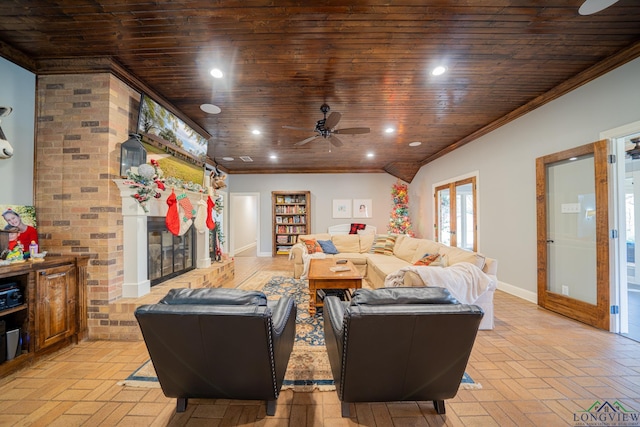 living room with ceiling fan, crown molding, and wood ceiling