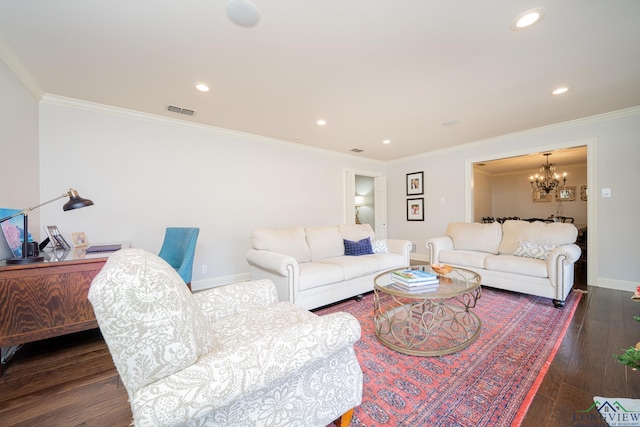 living room featuring a chandelier, crown molding, and dark wood-type flooring