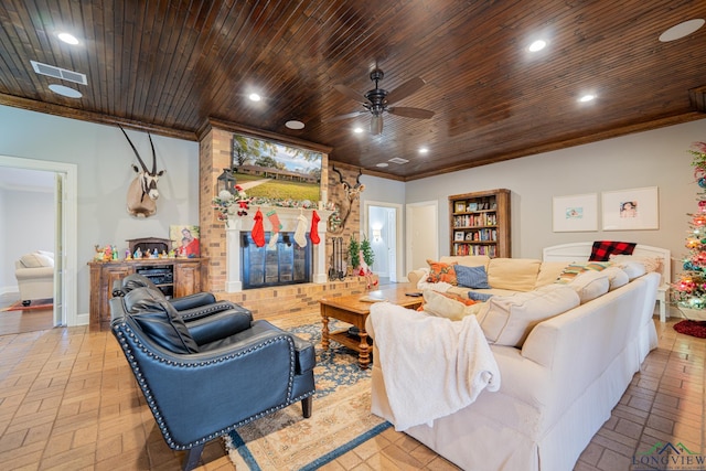 living room with ceiling fan, ornamental molding, and wooden ceiling