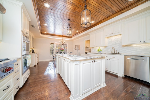 kitchen with appliances with stainless steel finishes, wood ceiling, pendant lighting, a center island with sink, and white cabinetry