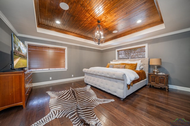 bedroom featuring a tray ceiling, an inviting chandelier, dark hardwood / wood-style floors, and wooden ceiling