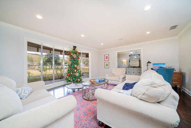 living room featuring crown molding and dark hardwood / wood-style floors