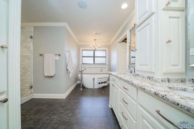 bathroom featuring vanity, crown molding, independent shower and bath, and a chandelier