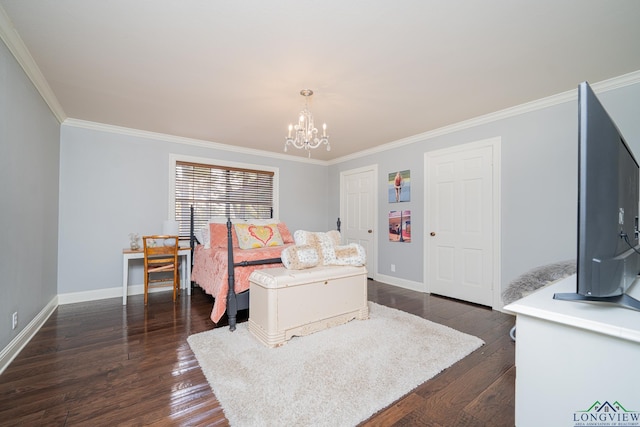 bedroom with a chandelier, dark wood-type flooring, and ornamental molding