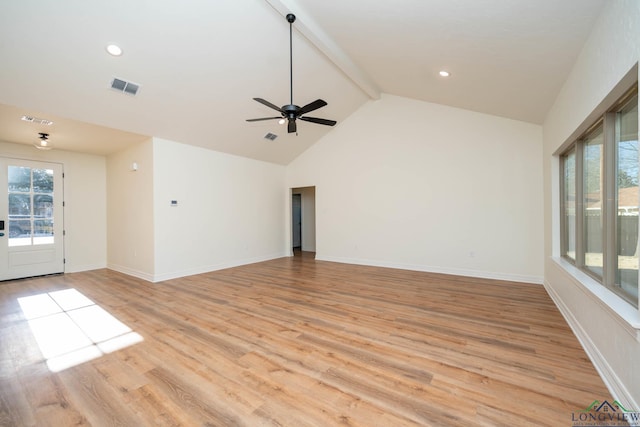 unfurnished living room featuring ceiling fan, light hardwood / wood-style flooring, beamed ceiling, and a wealth of natural light