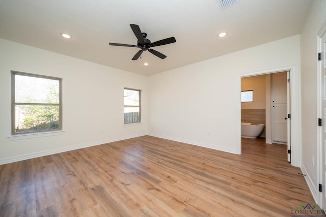 unfurnished room with light hardwood / wood-style floors and ceiling fan