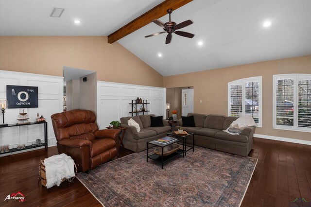 327 Forest Hls, Hallsville, TX 75650 - living room with a ceiling fan, hardwood / wood-style floors, beam ceiling, high vaulted ceiling, and recessed lighting
