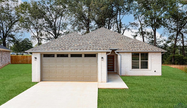 single story home with a front yard and a garage