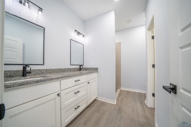 bathroom with a shower, hardwood / wood-style floors, and vanity