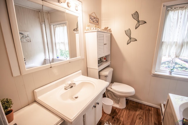 bathroom featuring wood finished floors, toilet, plenty of natural light, and vanity