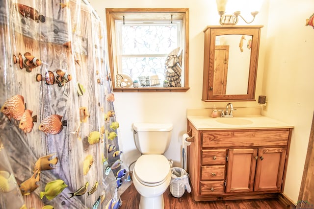 bathroom featuring wood finished floors, toilet, a shower with shower curtain, and vanity