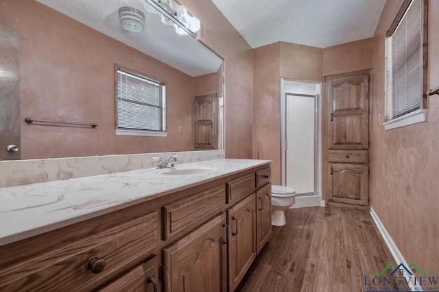 324 Highlander Hts, Hideaway, TX 75771 - bathroom featuring toilet, vanity, wood finished floors, a stall shower, and a textured ceiling