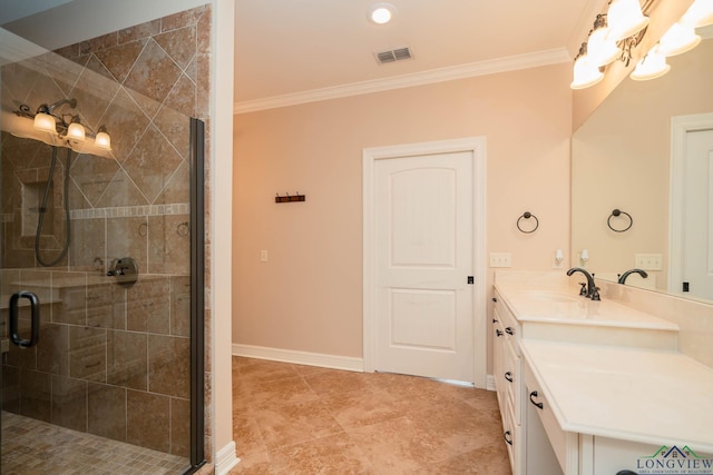 bathroom featuring ornamental molding, an enclosed shower, and vanity