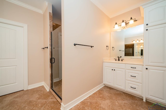 bathroom with vanity, tile patterned flooring, ornamental molding, and a shower with door