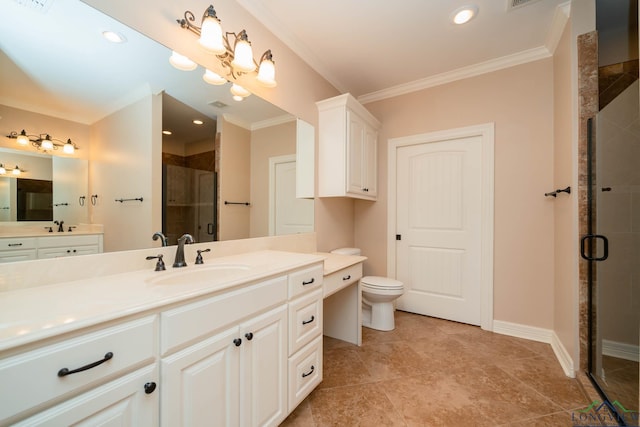 bathroom featuring vanity, ornamental molding, a shower with door, and toilet