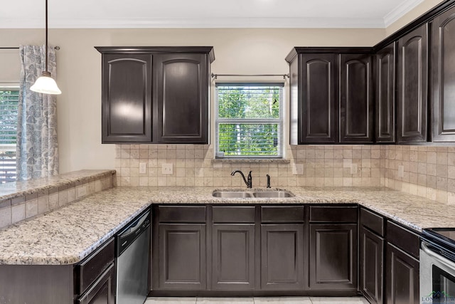 107 Lakeway Ln, Longview, TX 75604 - kitchen with a sink, stainless steel appliances, a peninsula, tasteful backsplash, and pendant lighting