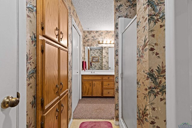 1205 Tiffany Ln, Longview, TX 75604 - full bath featuring wallpapered walls, vanity, a textured ceiling, and a stall shower