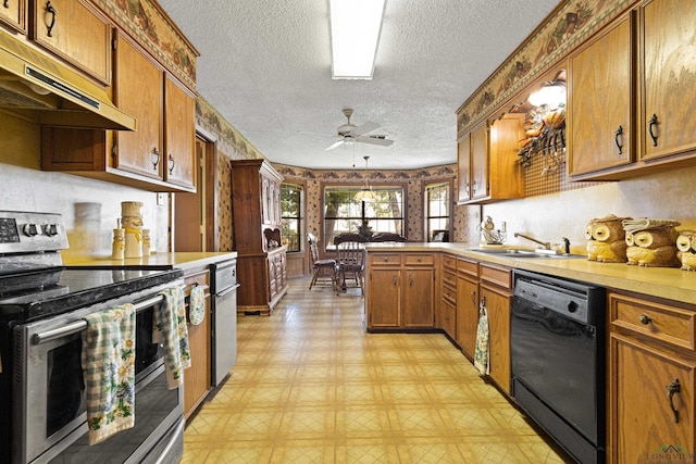 1205 Tiffany Ln, Longview, TX 75604 - kitchen featuring stainless steel electric stove, black dishwasher, under cabinet range hood, a textured ceiling, and brown cabinetry