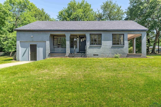 1207 Lettie St, Longview, TX 75601 - ranch-style home with brick siding, a front yard, a porch, and a shingled roof