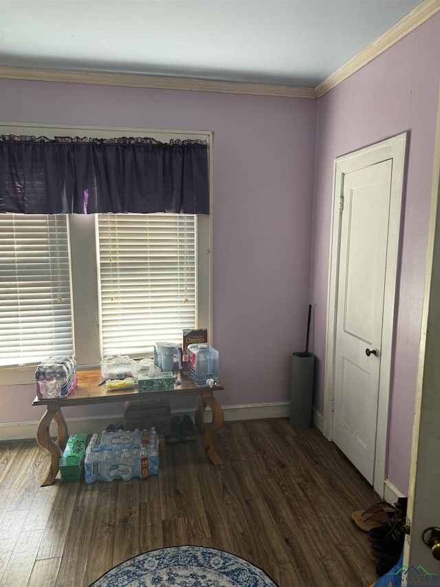 office space featuring hardwood / wood-style floors and ornamental molding