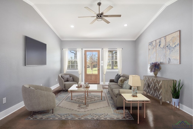 living room with vaulted ceiling, ceiling fan, and crown molding