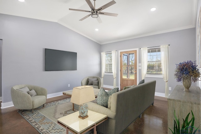 living room with ceiling fan, lofted ceiling, and ornamental molding