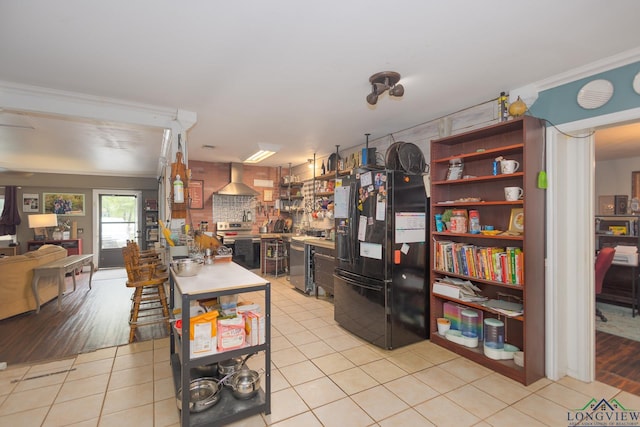 604 Kay Ct, Longview, TX 75601 - kitchen featuring freestanding refrigerator, electric range, light tile patterned flooring, ornamental molding, and open shelves