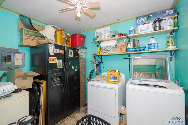 604 Kay Ct, Longview, TX 75601 - washroom with separate washer and dryer, a ceiling fan, and electric panel