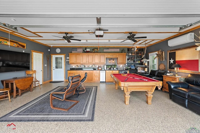 game room with a ceiling fan, pool table, speckled floor, and a wall mounted air conditioner