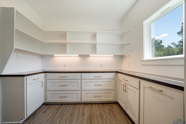 kitchen featuring dark hardwood / wood-style floors and white cabinetry