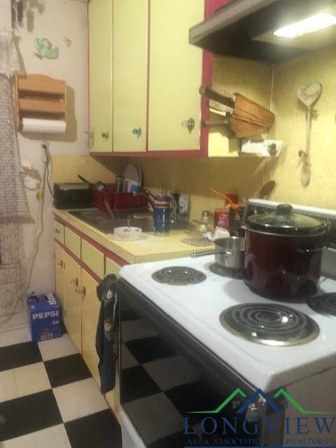 kitchen with stove, exhaust hood, and sink