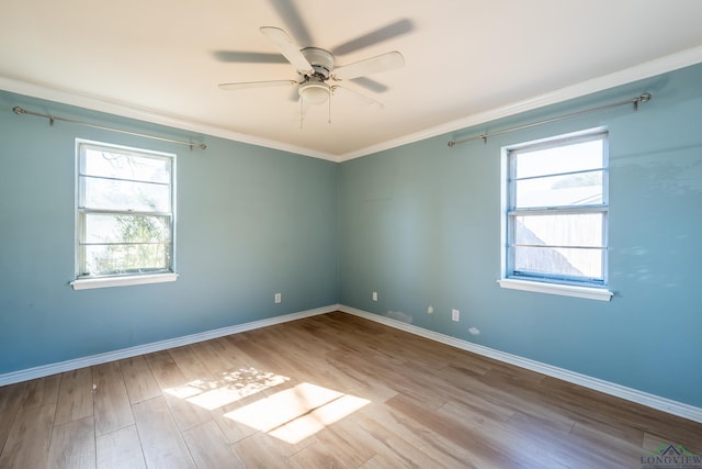 spare room with ornamental molding, ceiling fan, and light wood-type flooring