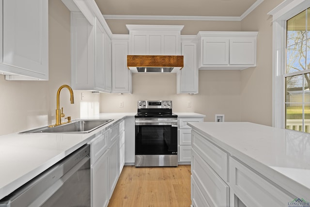 kitchen with white cabinetry, sink, range hood, and appliances with stainless steel finishes