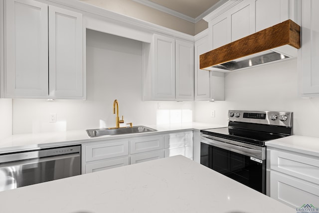 kitchen with premium range hood, sink, ornamental molding, stainless steel appliances, and white cabinets