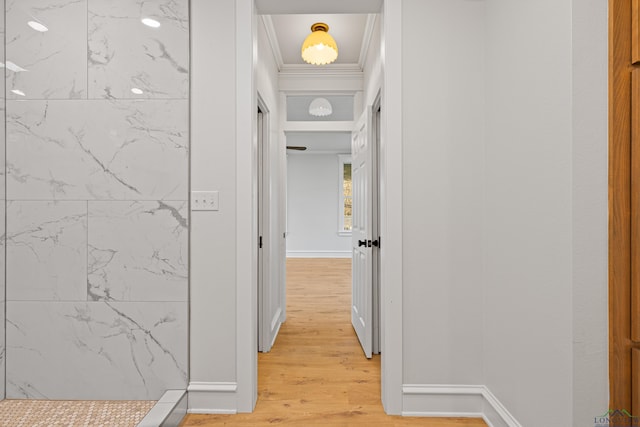 corridor with crown molding and light hardwood / wood-style floors