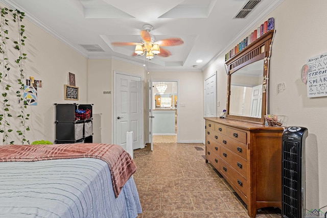 bedroom featuring crown molding, ceiling fan, and a raised ceiling