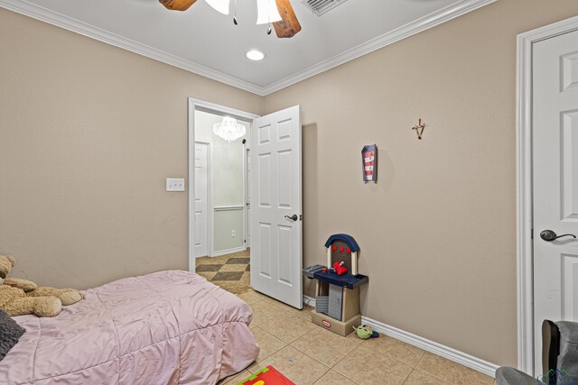 tiled bedroom with crown molding and ceiling fan